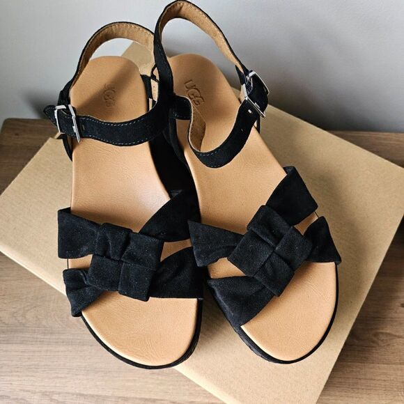 NEW IN BOX UGG NEUSCH BLACK GENUINE LEATHER PLATFORM SANDALS SIZE 9.5 - Picture 4 of 16